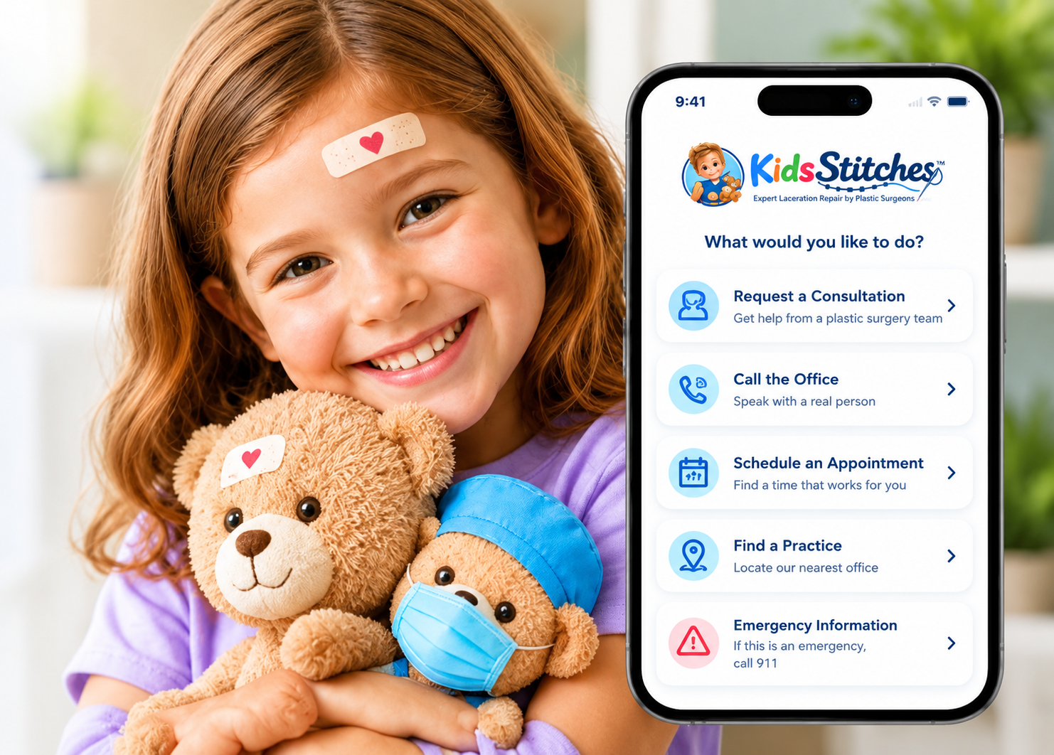 A smiling child with a bandaid on her forehead hugging a bandaged teddy bear next to the KidsStitches app on a phone