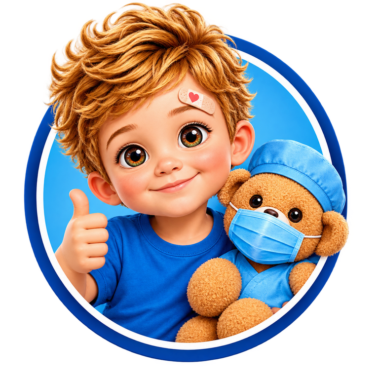 KidsStitches mascot: cartoon boy with heart bandaid and teddy bear surgeon